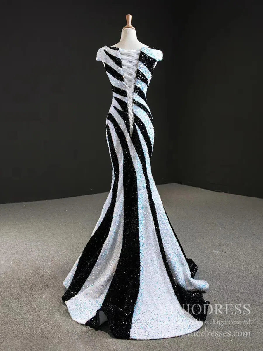 Black and White Mermaid Sequin Pageant Dresses Formal Gowns FD2400 viniodress-prom dresses 2025 -Viniodress-Black White-US 2-