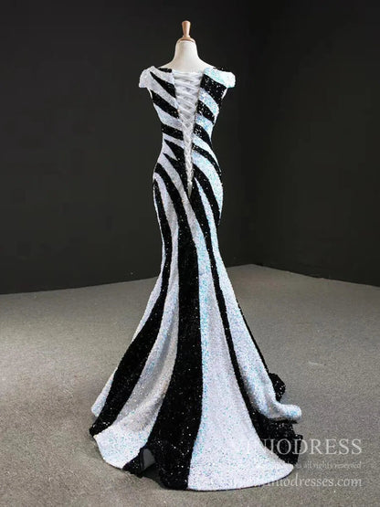 Black and White Mermaid Sequin Pageant Dresses Formal Gowns FD2400 viniodress-prom dresses 2025 -Viniodress-Black White-US 2-