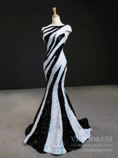 Black and White Mermaid Sequin Pageant Dresses Formal Gowns FD2400 viniodress-prom dresses 2025 -Viniodress-Black White-US 2-