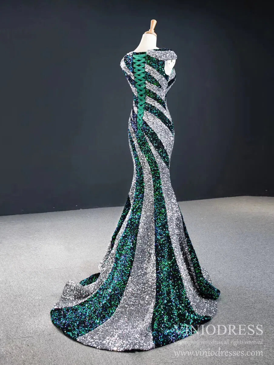 Black and White Mermaid Sequin Pageant Dresses Formal Gowns FD2400 viniodress-prom dresses 2025 -Viniodress-Black White-US 2-