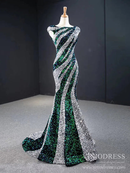 Black and White Mermaid Sequin Pageant Dresses Formal Gowns FD2400 viniodress-prom dresses 2025 -Viniodress-Green Silver-US 2-