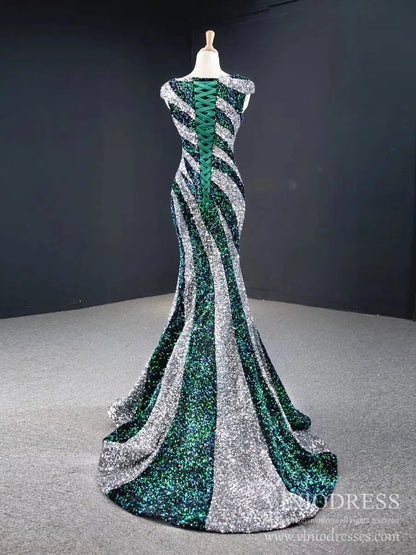 Black and White Mermaid Sequin Pageant Dresses Formal Gowns FD2400 viniodress-prom dresses 2025 -Viniodress-Black White-US 2-