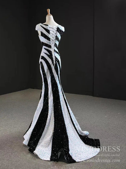 Black and White Mermaid Sequin Pageant Dresses Formal Gowns FD2400 viniodress-prom dresses 2025 -Viniodress-Black White-US 2-