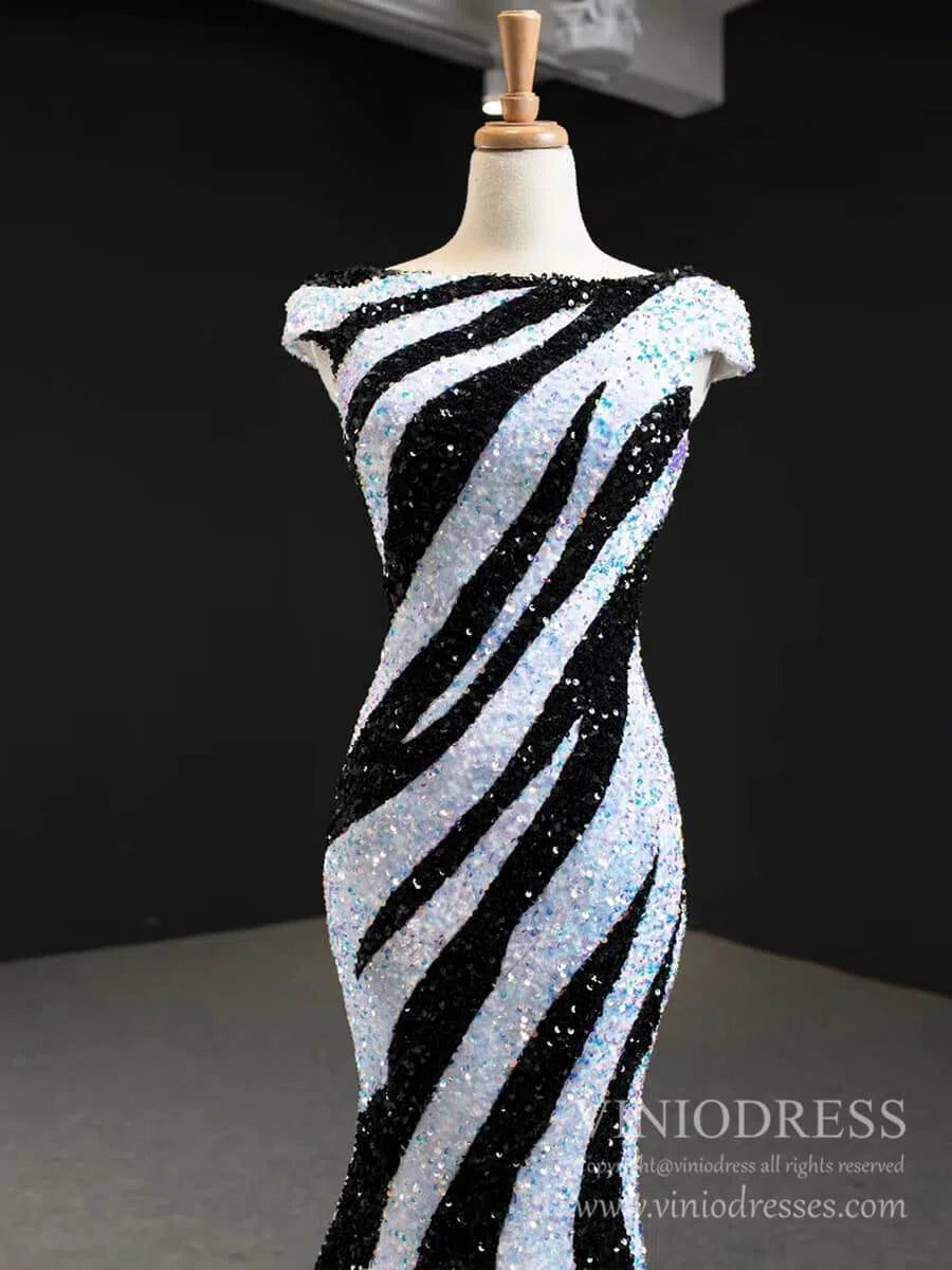 Black and White Mermaid Sequin Pageant Dresses Formal Gowns FD2400 viniodress-prom dresses 2025 -Viniodress-Black White-US 2-