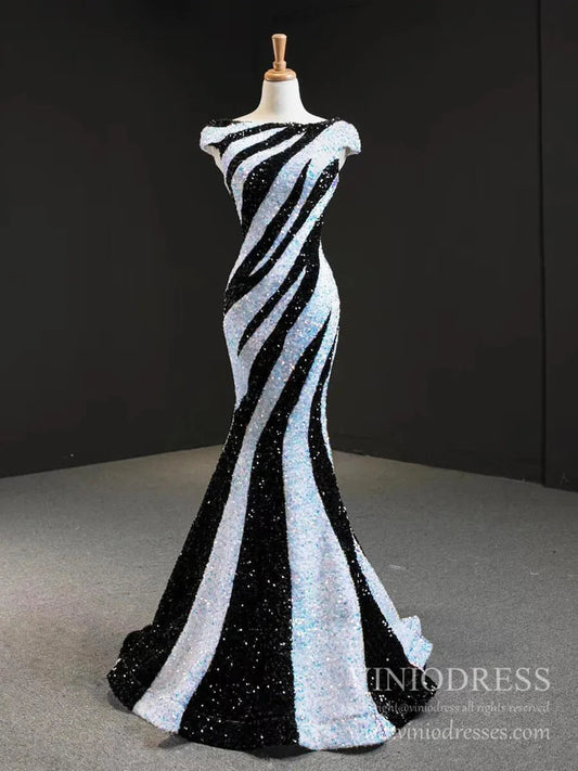 Black and White Mermaid Sequin Pageant Dresses Formal Gowns FD2400 viniodress-prom dresses 2025 -Viniodress-Black White-US 2-