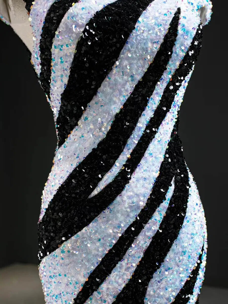 Black and White Mermaid Sequin Pageant Dresses Formal Gowns FD2400 viniodress-prom dresses-Viniodress-Viniodress