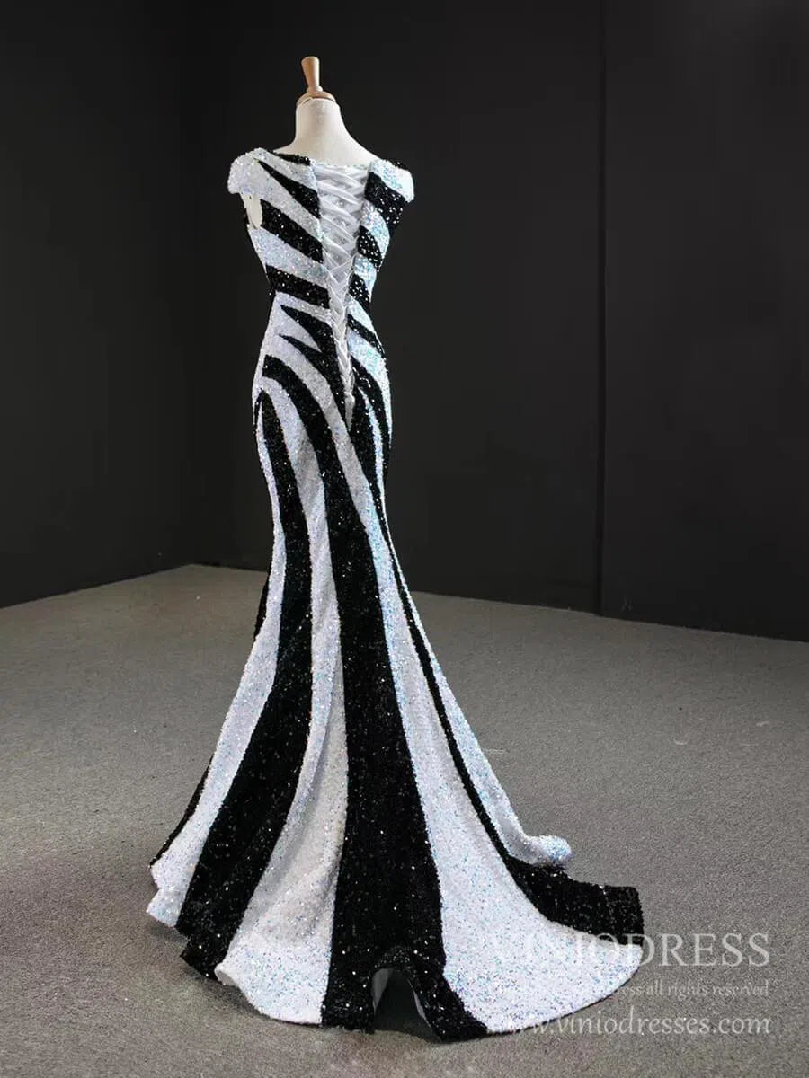 Black and White Mermaid Sequin Pageant Dresses Formal Gowns FD2400 viniodress-prom dresses-Viniodress-Viniodress