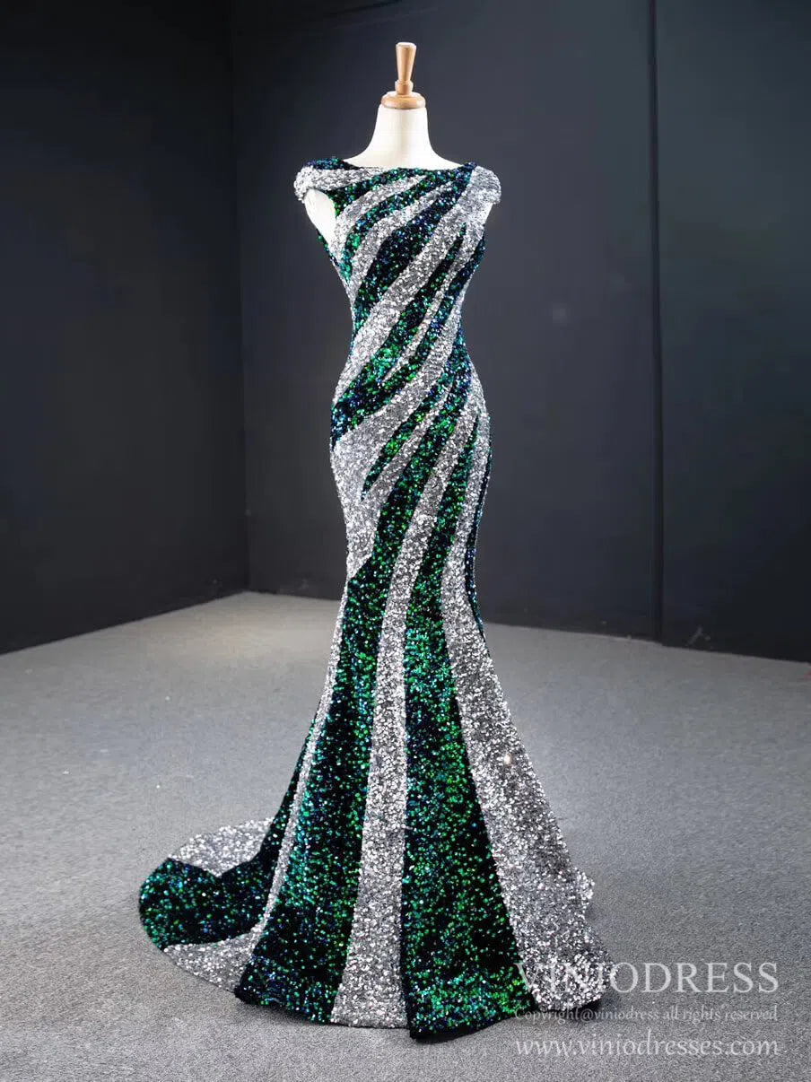 Prom Dress 2025 Black and White Mermaid Sequin Pageant Dresses Formal Gowns FD2400 viniodress-unique prom dresses-Green Silver-US 2-Viniodress