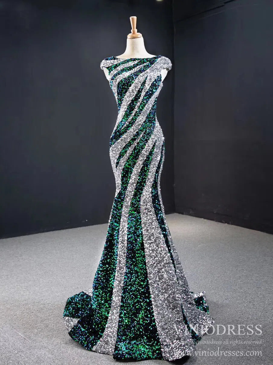 Black and White Mermaid Sequin Pageant Dresses Formal Gowns FD2400 viniodress-prom dresses-Viniodress-Green Silver-US 2-Viniodress