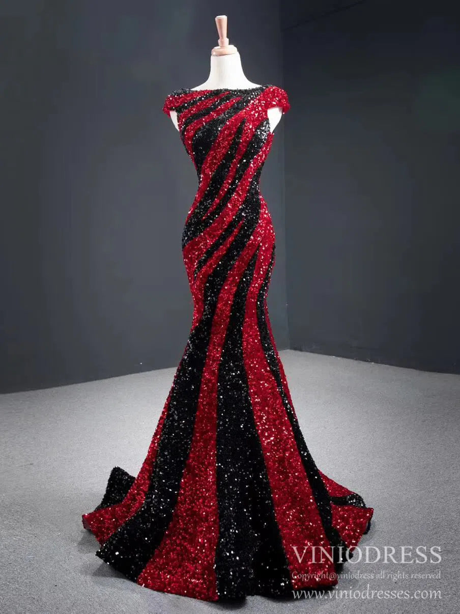 Black and White Mermaid Sequin Pageant Dresses Formal Gowns FD2400 viniodress-prom dresses-Viniodress-Red Black-US 2-Viniodress