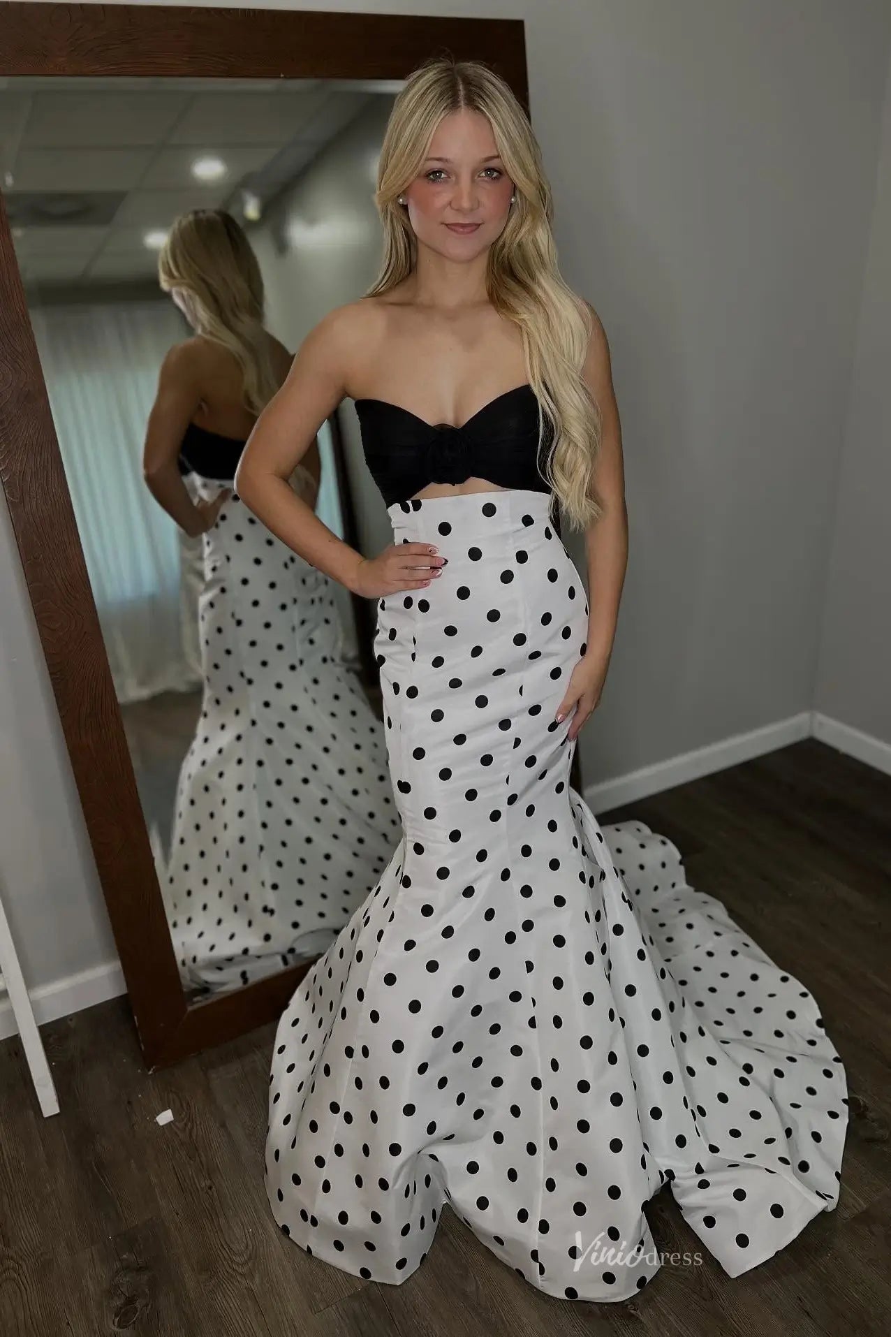 Black and White Polka Dot Mermaid Prom Dress with Strapless Sweetheart Bodice SS314-prom dresses 2026-Viniodress-Black-Custom Size-