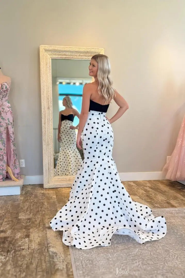 Black and White Polka Dot Mermaid Prom Dress with Strapless Sweetheart Bodice SS314-prom dresses 2026-Viniodress-Black-Custom Size-