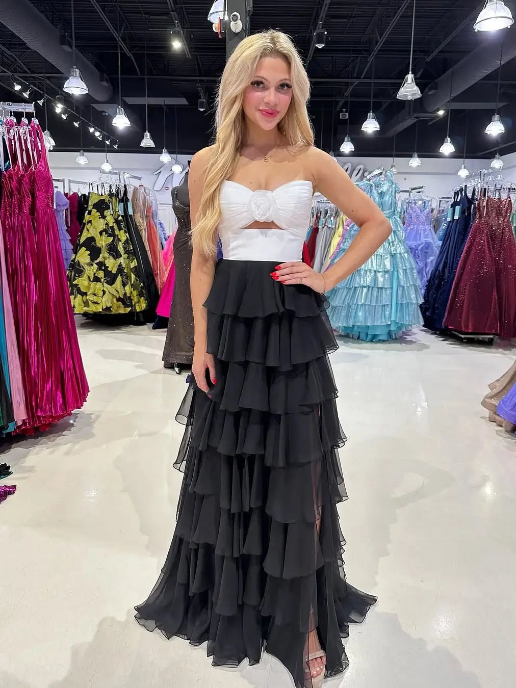 Black and White Prom Dress with Slit, 3D Flower & Chiffon Tiered Bottom – Style FD3741-prom dresses 2025 -Viniodress-Black-Custom Size-