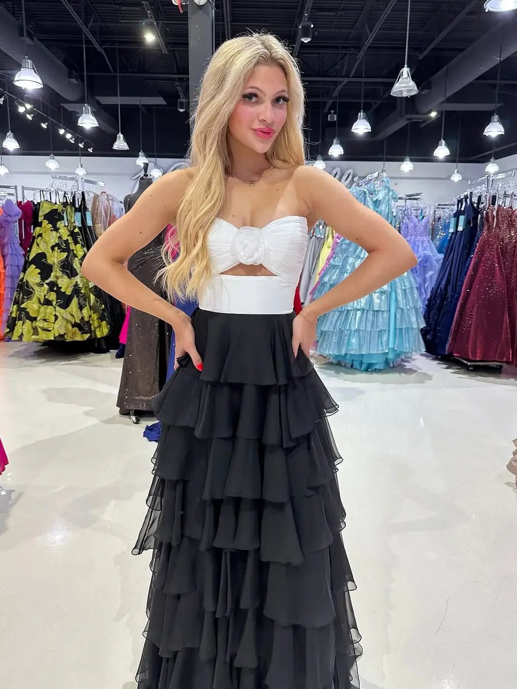 Black and White Prom Dress with Slit, 3D Flower & Chiffon Tiered Bottom – Style FD3741-prom dresses 2025 -Viniodress-Black-Custom Size-