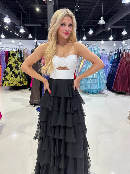Black and White Prom Dress with Slit, 3D Flower & Chiffon Tiered Bottom – Style FD3741-prom dresses 2025 -Viniodress-Black-Custom Size-