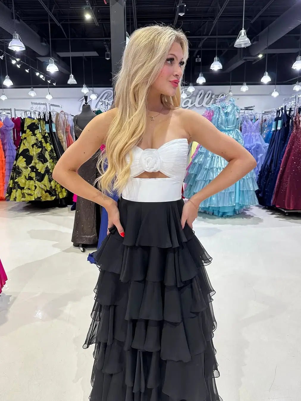 Black and White Prom Dress with Slit, 3D Flower & Chiffon Tiered Bottom – Style FD3741-prom dresses 2025 -Viniodress-Black-Custom Size-