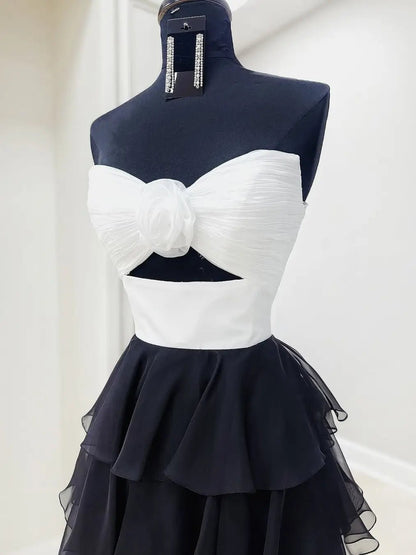 Black and White Prom Dress with Slit, 3D Flower & Chiffon Tiered Bottom – Style FD3741-prom dresses 2025 -Viniodress-Black-Custom Size-