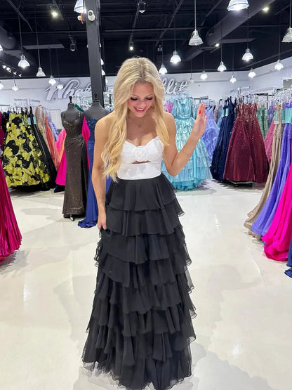 Black and White Prom Dress with Slit, 3D Flower & Chiffon Tiered Bottom – Style FD3741-prom dresses 2025 -Viniodress-Black-Custom Size-