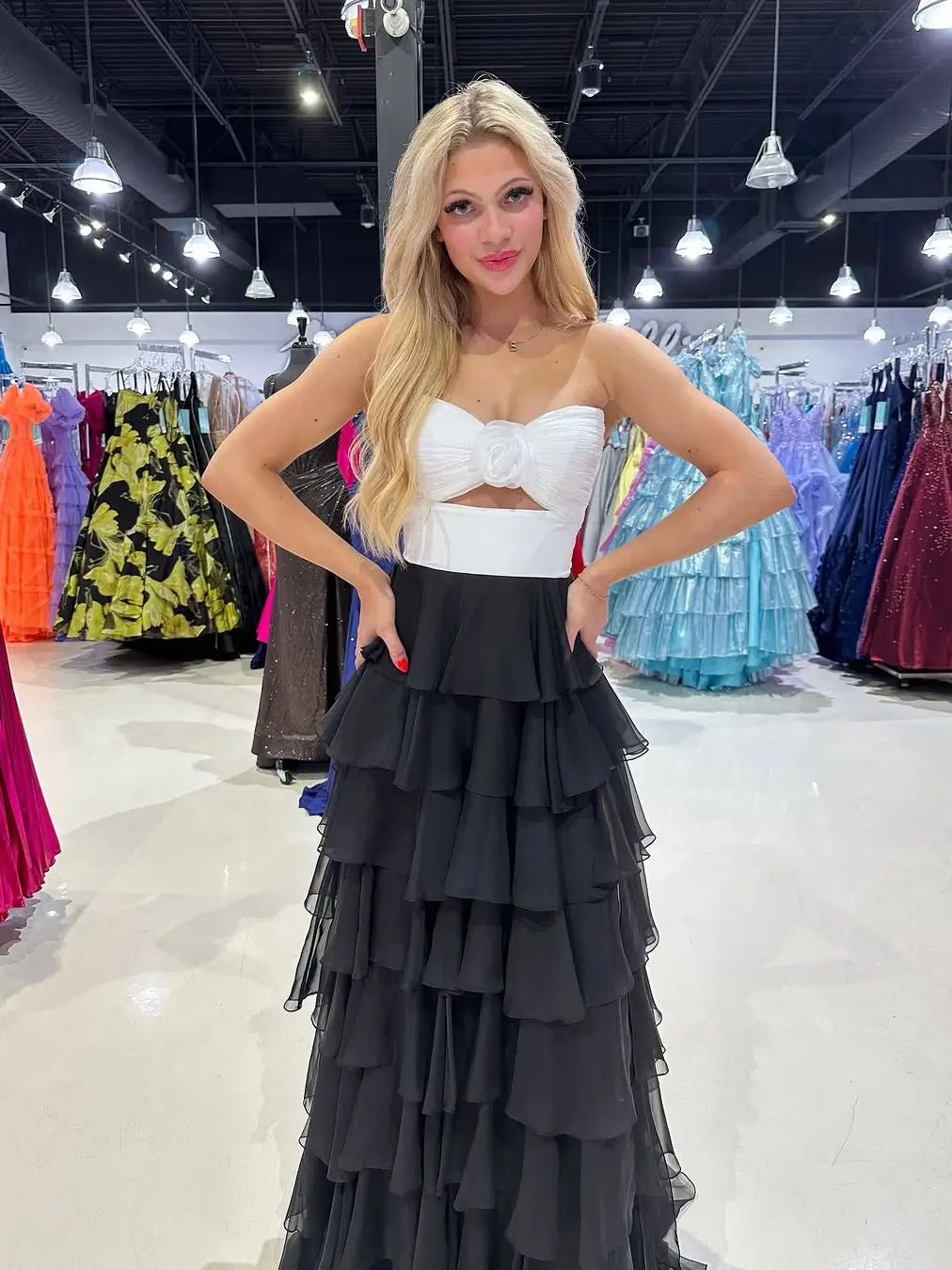 Black and White Prom Dress with Slit, 3D Flower & Chiffon Tiered Bottom – Style FD3741-prom dresses 2025 -Viniodress-Black-Custom Size-