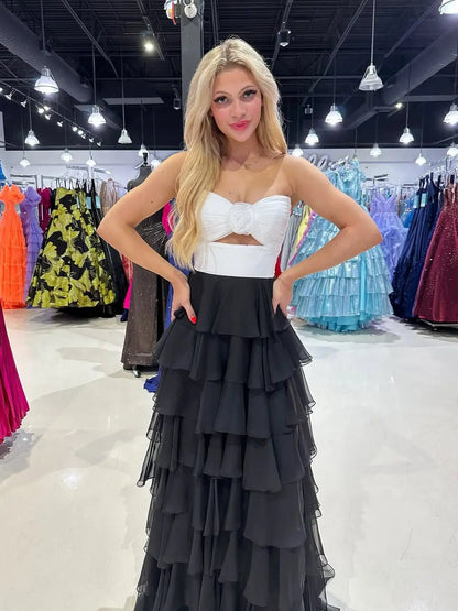 Black and White Prom Dress with Slit, 3D Flower & Chiffon Tiered Bottom – Style FD3741-prom dresses 2025 -Viniodress-Black-Custom Size-