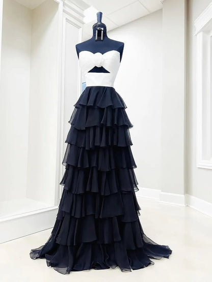 Black and White Prom Dress with Slit, 3D Flower & Chiffon Tiered Bottom – Style FD3741-prom dresses 2025 -Viniodress-Black-Custom Size-