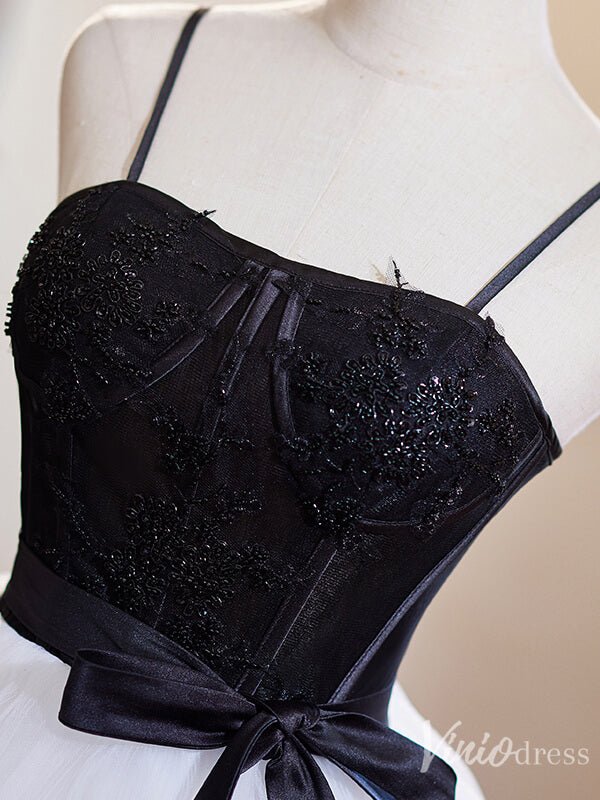 Black and White Ruffled Homecoming Dress Spaghetti Strap Graduation Dress 8011-prom dresses 2025 -Viniodress-Black-Custom Size-