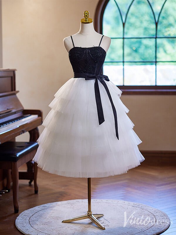 Black and White Ruffled Homecoming Dress Spaghetti Strap Graduation Dress 8011-prom dresses 2025 -Viniodress-Black-Custom Size-