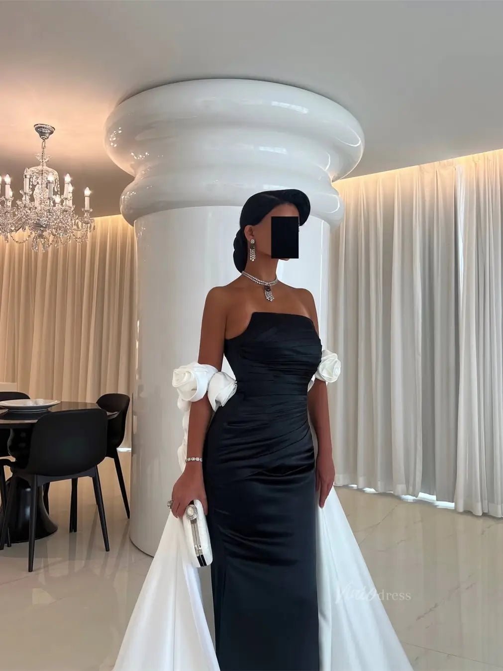 Black and White Satin Mermaid Prom Dresses with Dripped Back Cape & 3D Flower - FD5265-prom dresses 2025 -Viniodress-Black-Custom Size-