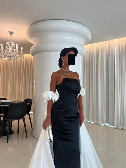 Black and White Satin Mermaid Prom Dresses with Dripped Back Cape & 3D Flower - FD5265-prom dresses 2025 -Viniodress-Black-Custom Size-