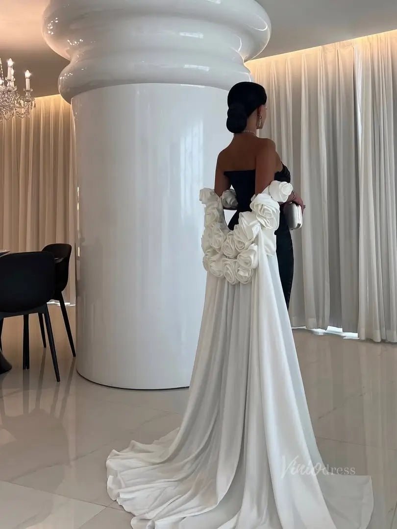 Black and White Satin Mermaid Prom Dresses with Dripped Back Cape & 3D Viniodress Black and White Satin Mermaid Prom Dresses with Dripped Back Cape & 3D Viniodress