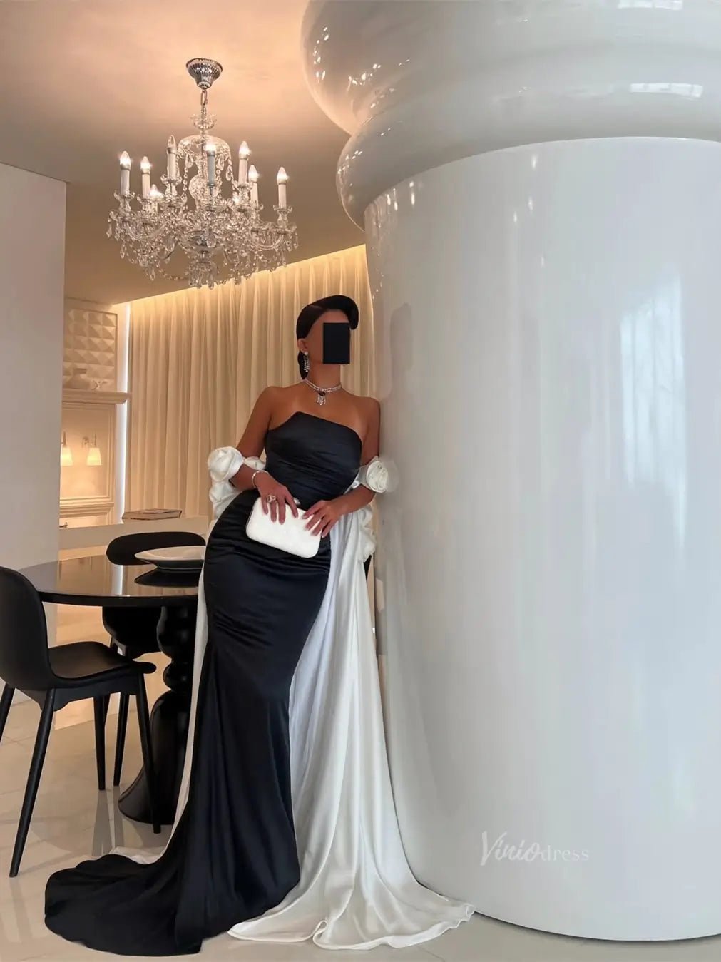 Black and White Satin Mermaid Prom Dresses with Dripped Back Cape & 3D Flower - FD5265-prom dresses 2025 -Viniodress-Black-Custom Size-