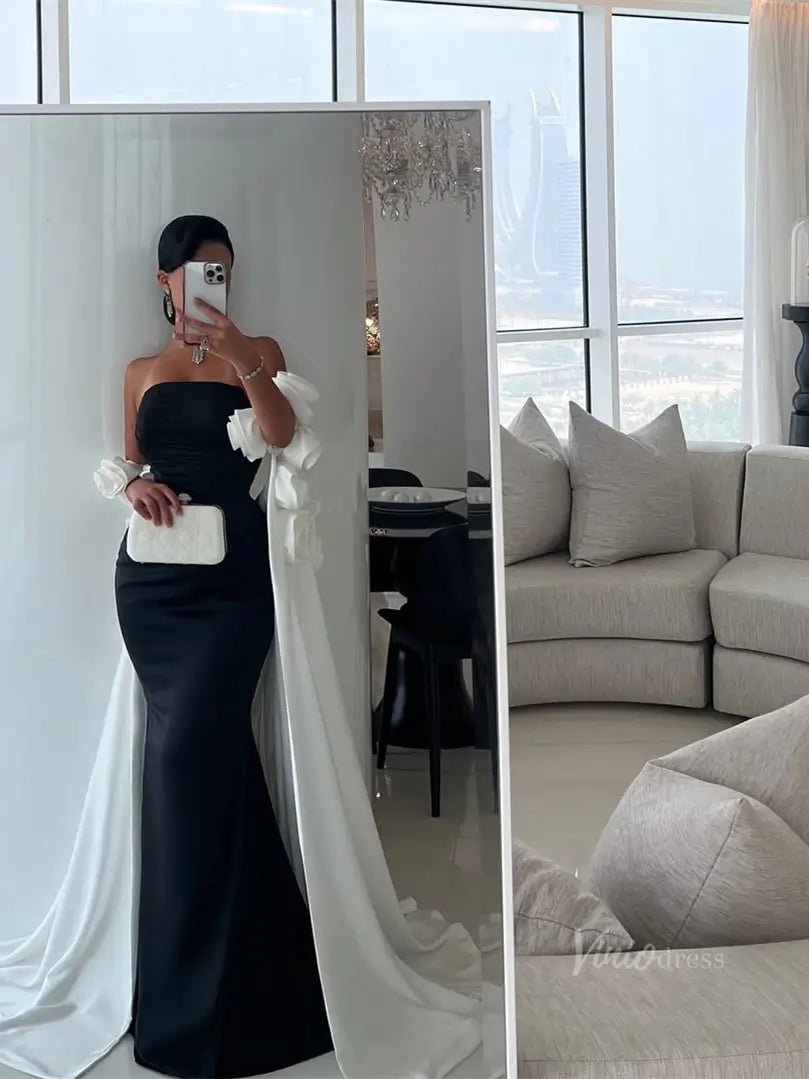 Black and White Satin Mermaid Prom Dresses with Dripped Back Cape & 3D Viniodress Black and White Satin Mermaid Prom Dresses with Dripped Back Cape & 3D Viniodress