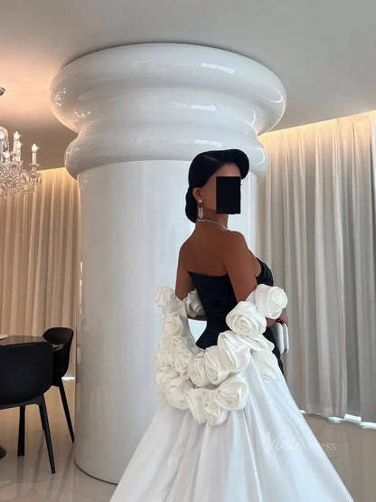 Black and White Satin Mermaid Prom Dresses with Dripped Back Cape & 3D Flower - FD5265-prom dresses 2025 -Viniodress-Black-Custom Size-