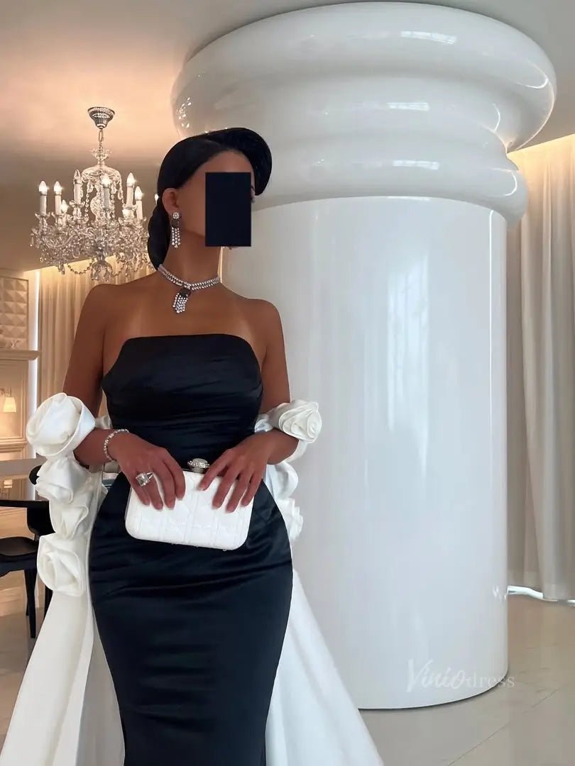 Black and White Satin Mermaid Prom Dresses with Dripped Back Cape & 3D Flower - FD5265-prom dresses 2025 -Viniodress-Black-Custom Size-