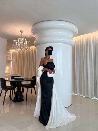 Black and White Satin Mermaid Prom Dresses with Dripped Back Cape & 3D Flower - FD5265-prom dresses 2025 -Viniodress-Black-Custom Size-