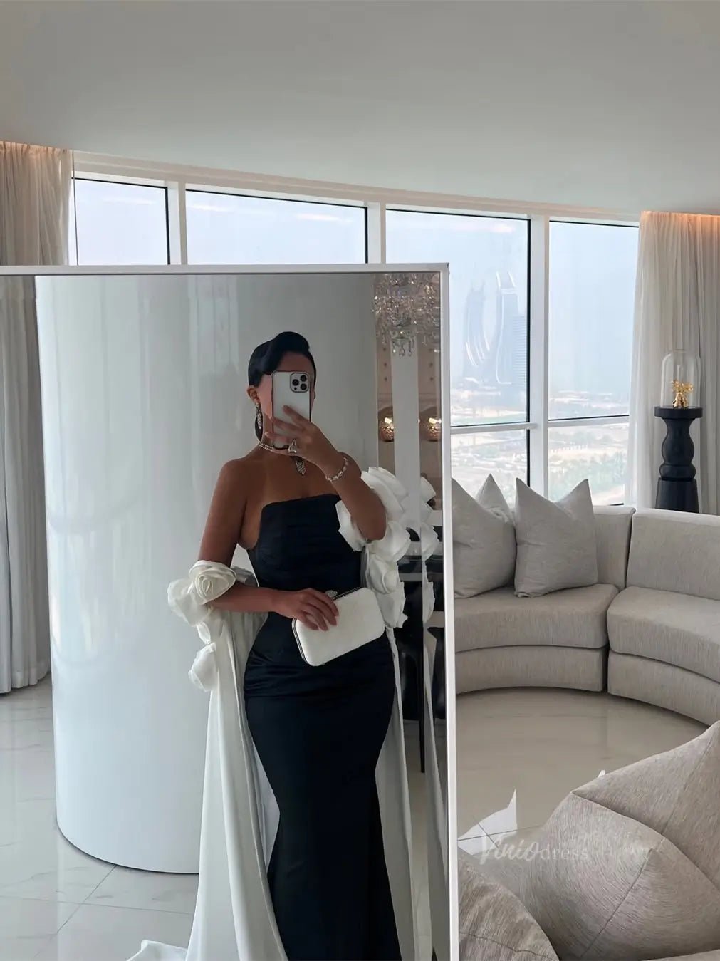 Black and White Satin Mermaid Prom Dresses with Dripped Back Cape & 3D Flower - FD5265-prom dresses 2025 -Viniodress-Black-Custom Size-