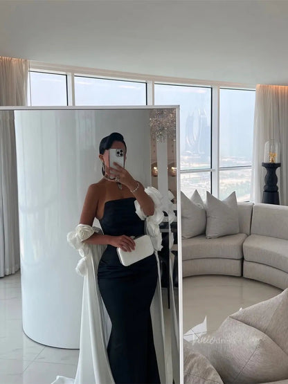 Black and White Satin Mermaid Prom Dresses with Dripped Back Cape & 3D Flower - FD5265-prom dresses 2025 -Viniodress-Black-Custom Size-