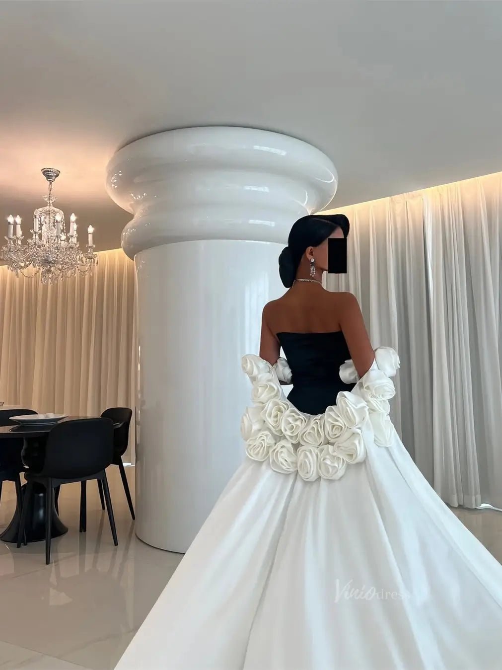 Black and White Satin Mermaid Prom Dresses with Dripped Back Cape & 3D Flower - FD5265-prom dresses 2025 -Viniodress-Black-Custom Size-