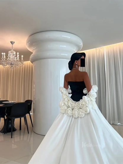 Black and White Satin Mermaid Prom Dresses with Dripped Back Cape & 3D Flower - FD5265-prom dresses 2025 -Viniodress-Black-Custom Size-