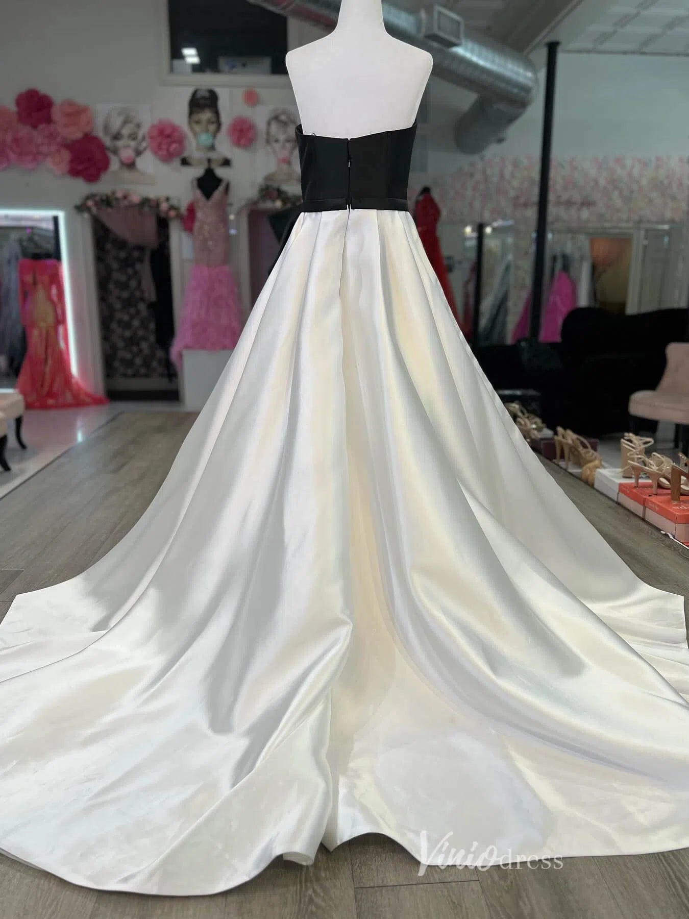 Black and White Satin Prom Dresses with High Slit Bow Waist FD4103-prom dresses 2025 -Viniodress-Ivory-Custom Size-