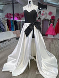 Black and White Satin Prom Dresses with High Slit Bow Waist FD4103