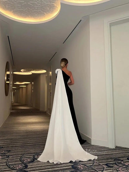 Black and White Sheath Prom Dresses with Watteau Train & 3D Flower - FD5263-prom dresses 2025 -Viniodress-Black-Custom Size-