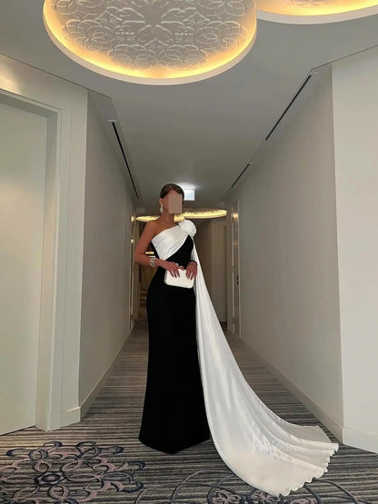 Black and White Sheath Prom Dresses with Watteau Train & 3D Flower - FD5263-prom dresses 2025 -Viniodress-Black-Custom Size-