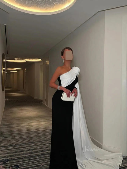 Black and White Sheath Prom Dresses with Watteau Train & 3D Flower - FD5263-prom dresses 2025 -Viniodress-Black-Custom Size-