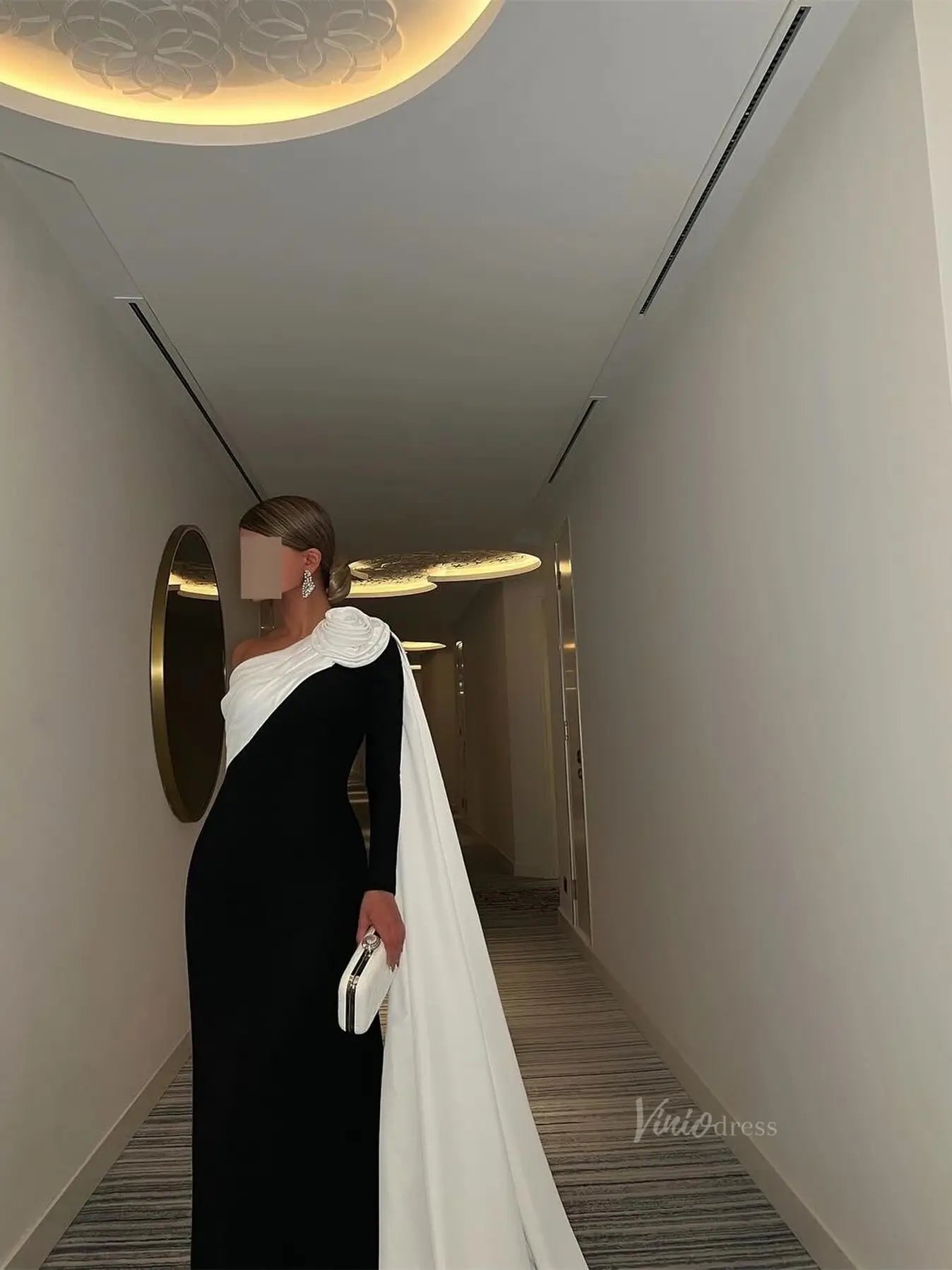 Black and White Sheath Prom Dresses with Watteau Train & 3D Flower - FD5263-prom dresses 2025 -Viniodress-Black-Custom Size-