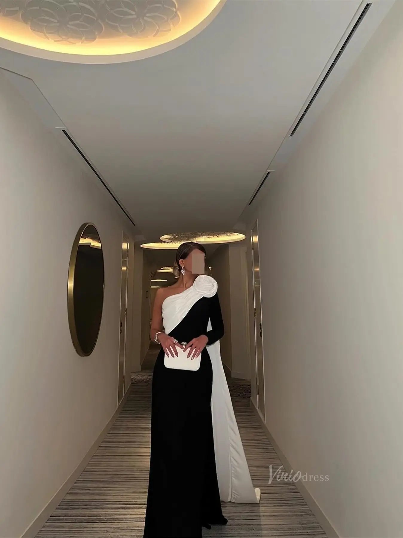 Black and White Sheath Prom Dresses with Watteau Train & 3D Flower - FD5263-prom dresses 2025 -Viniodress-Black-Custom Size-