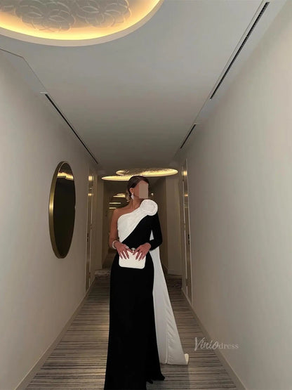 Black and White Sheath Prom Dresses with Watteau Train & 3D Flower - FD5263-prom dresses 2025 -Viniodress-Black-Custom Size-