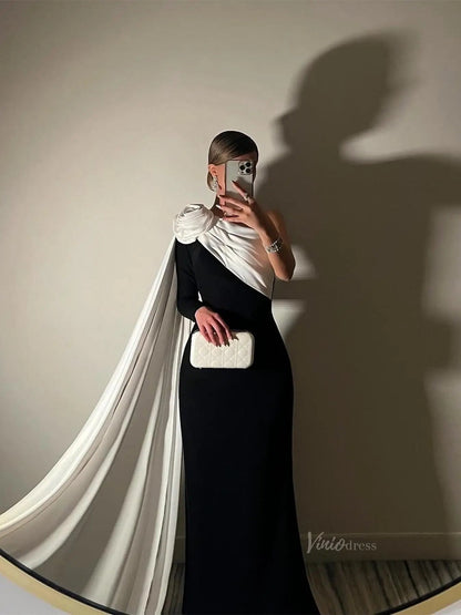 Black and White Sheath Prom Dresses with Watteau Train & 3D Flower - FD5263-prom dresses 2025 -Viniodress-Black-Custom Size-