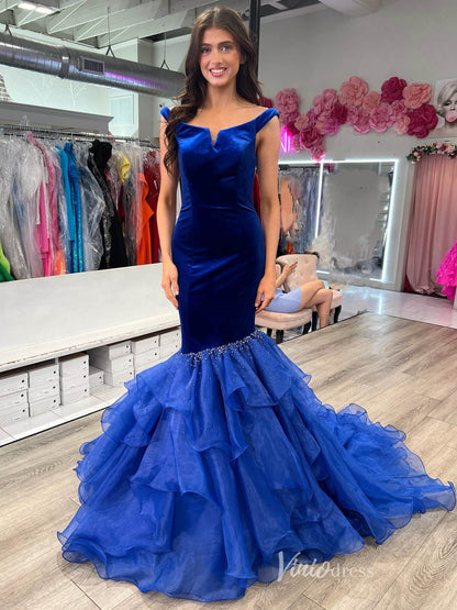 Black and White Velvet Mermaid Prom Dresses Ruffled Off the Shoulder Formal Gown FD4064-prom dresses 2025 -Viniodress-Royal Blue-Custom Size-