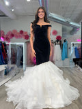 Black and White Velvet Mermaid Prom Dresses Ruffled Off the Shoulder Formal Gown FD4064